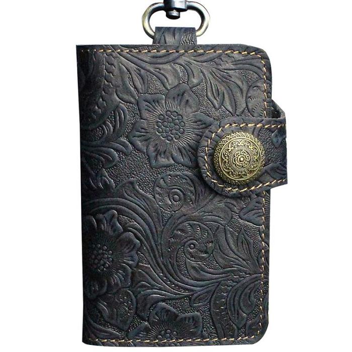 Handmade Leather Floral Mens Cool Key Wallet Wallet Card Holder Small Card Keychain Wallets for Men