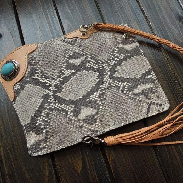 Handmade Leather Biker Wallet Mens Cool Chain Trifold Wallet Trucker Wallet with Chain