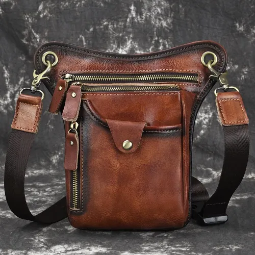 Vintage Brown Leather Men's CELL PHONE HOLSTER MINI SIDE BAG BELT POUCH Drop Leg Bag For Men