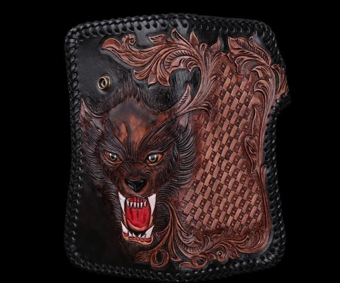 Handmade Leather Wolf Mens Chain Biker Wallet Cool Leather Wallet Long Phone Wallets for Men