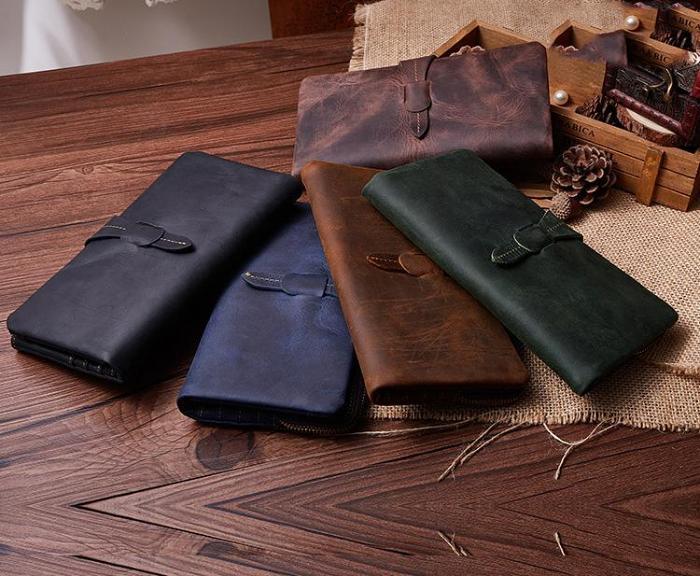 Vintage Coffee Cool Mens Leather Long Wallets Bifold Long Wallet for Men