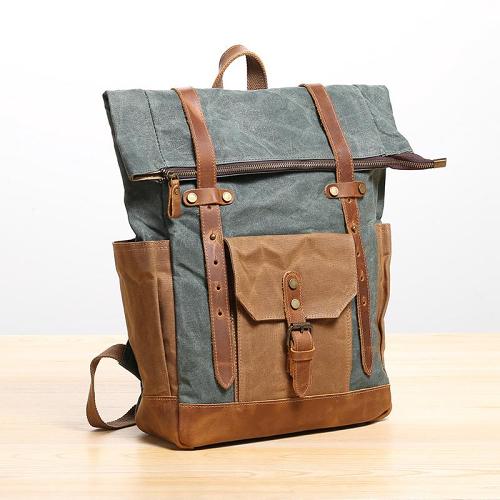 Waxed Canvas Leather Mens 17‘’ Lake Green Backpack Khaki Travel Backpack Dark Gray Hiking Backpack for Men