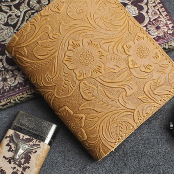 Handmade Leather Floral Mens Cool Slim Leather Wallet Men billfold Wallets Bifold for Men