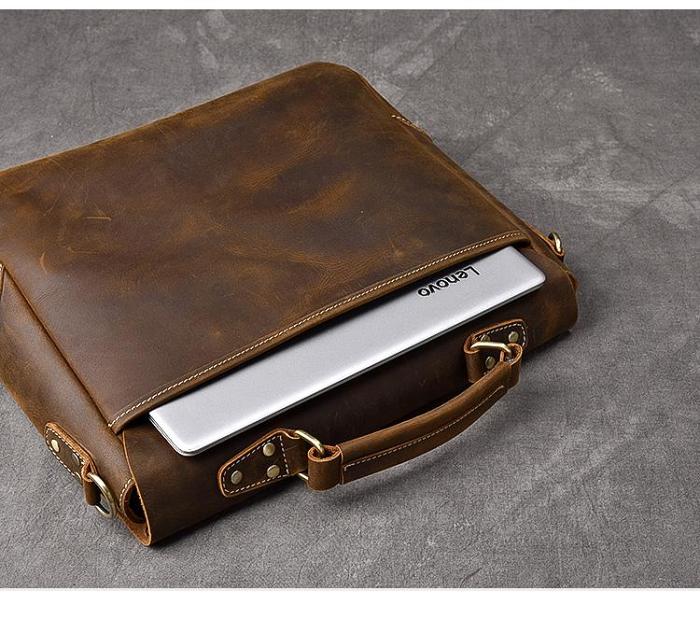 Leather Mens Brown Briefcase 14'' Laptop Bag Messenger Bag Shoulder Bag For Men