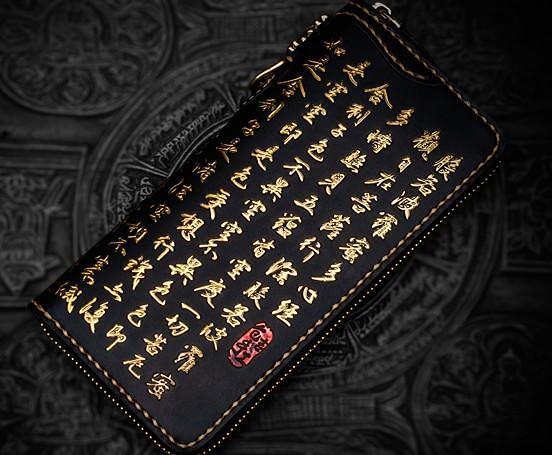 Handmade Leather Mens Chain Chinese Handwriting Biker Wallet Cool Leather Wallet Long Phone Wallets for Men