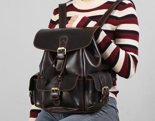 Handmade Genuine Leather Mens Cool Coffee Backpack Sling Bag Large Travel Bag Hiking Bag for Men