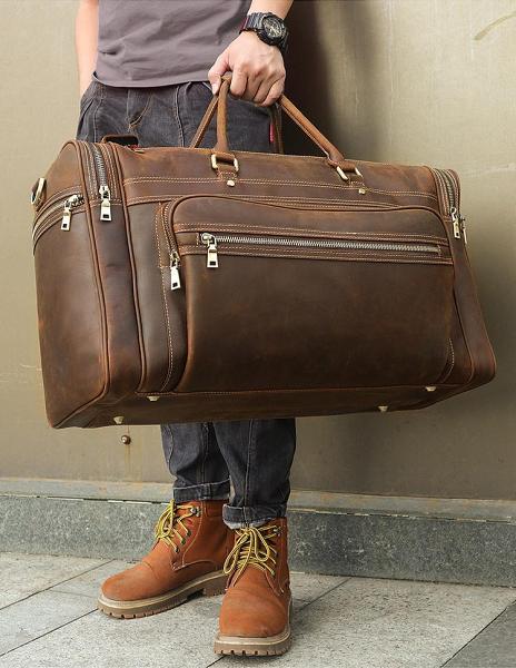 Vintage Large Leather Men's Overnight Bag Brown Travel Bag Weekender Bag For Men