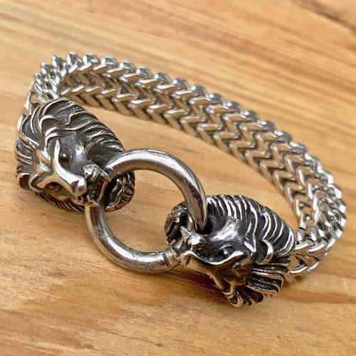 Viking King Bracelet - Lion Heads - Silver - 3/4 inch wide - B08