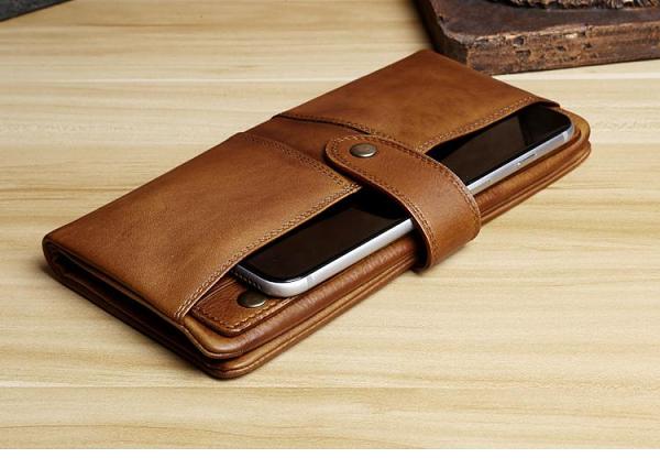 Handmade Leather Mens Cool Long Leather Wallet Card Wallet Clutch Wristlet Wallet for Men