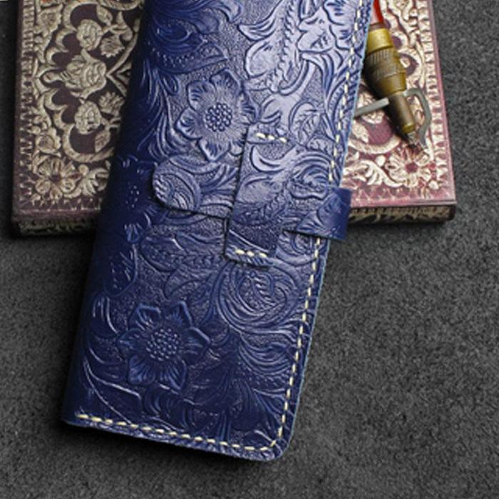 Handmade Leather Floral Mens Cool Travel Long Wallet Card Holder Card Slim Clutch Wallets for Men