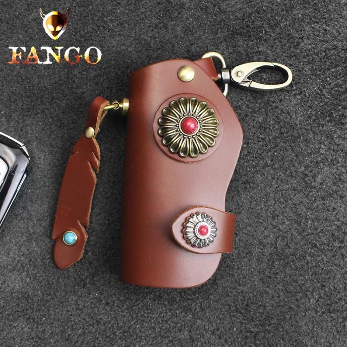 Handmade Leather Floral Mens Cool Car Key Wallet Coin Wallet Pouch Car KeyChain for Men