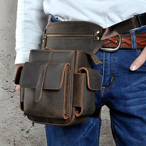 Cool Leather Mens Drop Leg Bag Belt Pouch Bag HIP PACK Waist Bag Shouder Bags For Men
