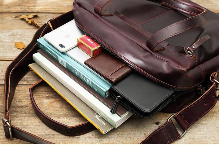 Dark Brown Cool Leather Mens Large 15 inches Briefcase Laptop Briefcase Messenger Bags Side Bags Work Bag for Men