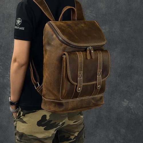 Cool Leather Mens 15 Retro Brown Hiking Backpack Travel Backpack Computer Backpack for Men