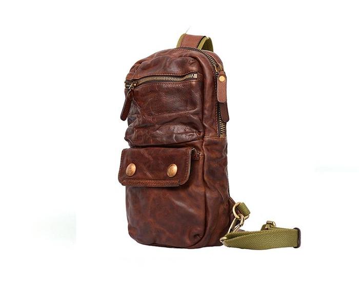 Fashion Black Leather Men Sling Bag Chest Bag Army Green Leather Sling Pack One Shoulder Backpack For Men