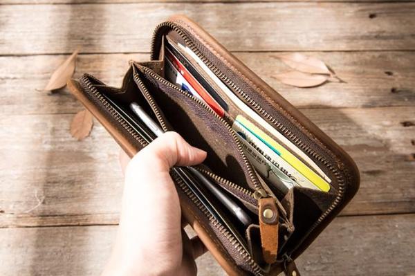 Cool Canvas Leather Mens Bifold Long Wallet Zipper Long Wallet for Men