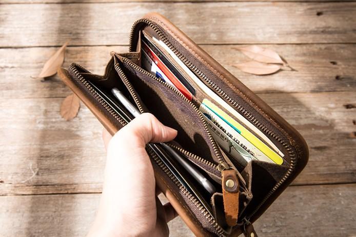 Cool Canvas Leather Mens Bifold Long Wallet Zipper Long Wallet for Men