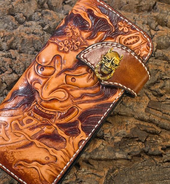 Handmade Leather Mens Cool Tooled Prajna Chain Wallet Biker Trucker Wallet with Chain