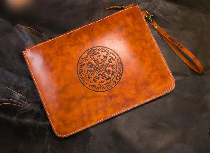 Handmade Leather Mens Clutch Cool Slim Wallet Zipper Clutch Wristlet Wallet for Men