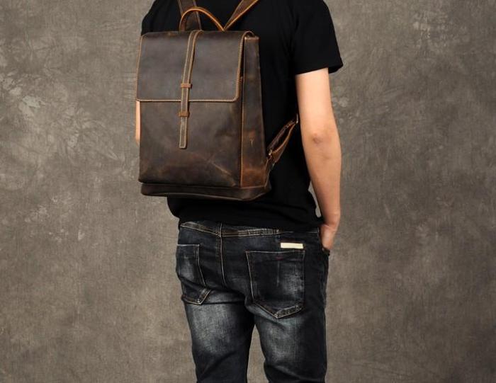 Genuine Leather Mens Cool Backpack Sling Bag Large Brown Travel Bag Hiking Bag for men