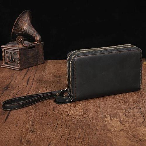 Cool Leather MensLong Wallet Double Zipper Clutch Wallet Wristlet Wallet
