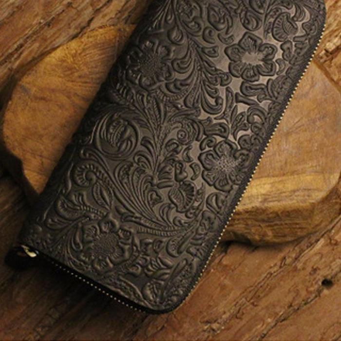Handmade Leather Floral Floral Mens Cool Zipper Phone Travel Long Wallet Card Holder Card Slim Clutch Wallets for Men