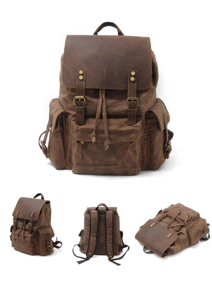 Cool Canvas Leather Mens Waterproof 14'' Computer Backpack Large Hiking Backpack Travel Backpack for Men
