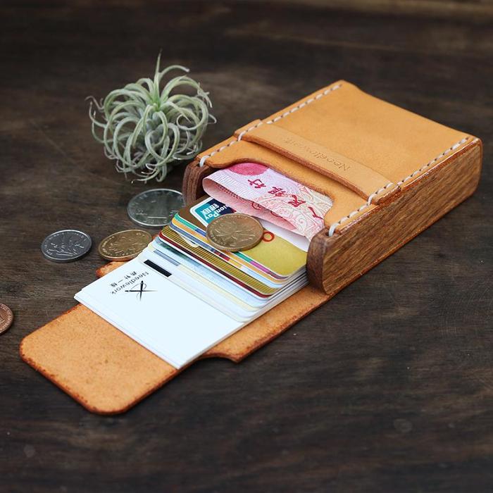 Cool Handmade Wooden Brown Leather Mens Wallet Small Card Holder Coin Wallet for Men