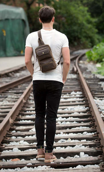 Cool Brown Leather Mens Sling Pack Sling Bags Coffee Crossbody Pack Chest Bag for men