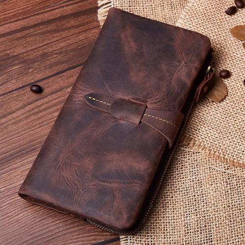 Vintage Coffee Cool Mens Leather Long Wallets Bifold Long Wallet for Men