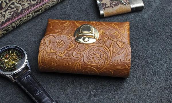 Handmade Leather Floral Mens Cool Short Wallet Card Holder Small Card Slim Wallets for Men