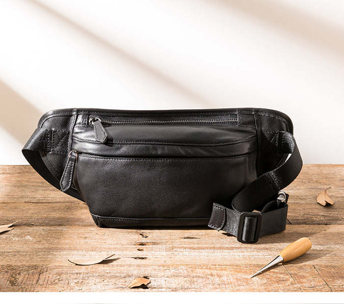 Black Mens Leather Fanny Pack Chest Bag Black Leather Bumbag Leather Belt Bag For Men