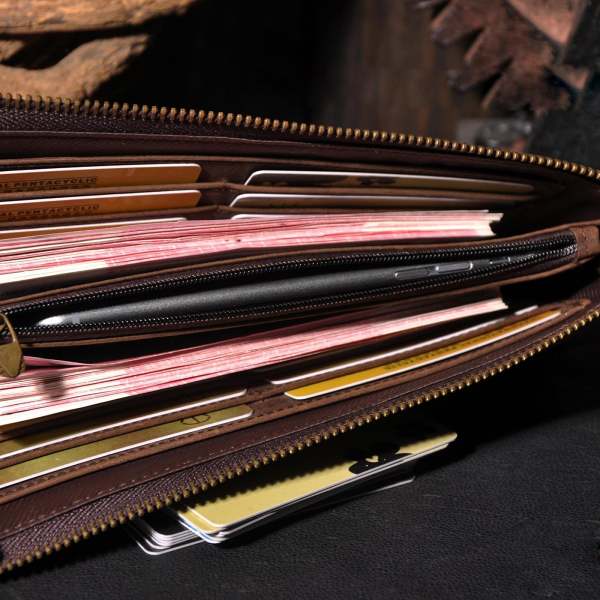 Handmade Leather Mens Cool Long Leather Wallet Zipper Clutch Wallet for Men