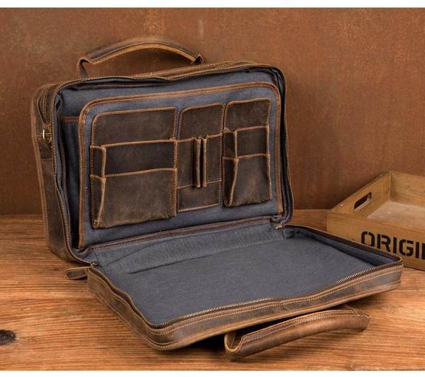 Cool Dark Brown Mens Leather 15 inches Large Briefcase Work Bag Side Bag Travel Handbag for Men
