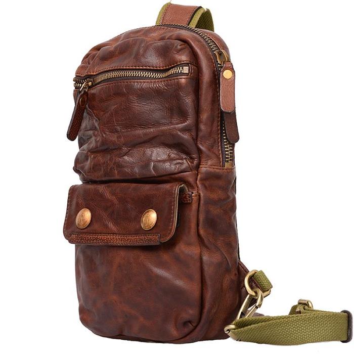 Fashion Black Leather Men Sling Bag Chest Bag Army Green Leather Sling Pack One Shoulder Backpack For Men