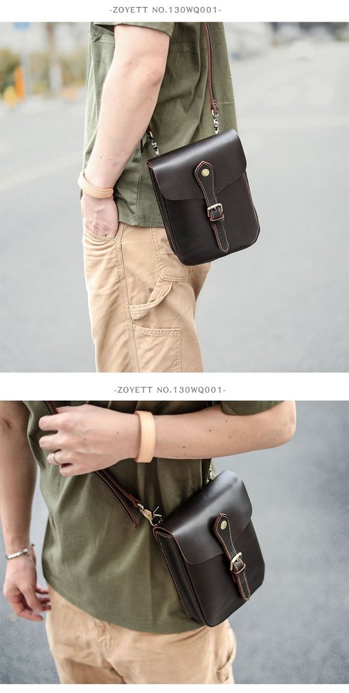 Dark Brown Vintage Leather Mens Small Messenger Bag Waist Bag Belt Pouch Bag For Men