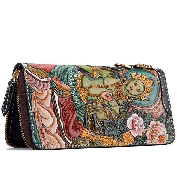 Handmade Leather Green Tara Buddhism Mens Chain Biker Wallet Cool Leather Wallet With Chain Wallets for Men