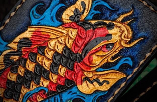 Handmade Leather License Wallet Tooled Carp Mens billfold Wallet Cool Leather Wallet Slim Wallet for Men