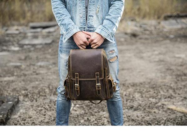 Dark Brown Cool Mens 15 inches Leather Computer Backpacks Travel Backpacks Laptop Backpack for men