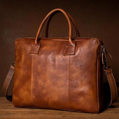 Vintage Brown Leather Mens 15 inches Briefcase Laptop Black HandBag Business Side Bag Work Bag for Men