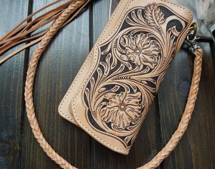Handmade Leather Biker Wallet Tooled Floral Mens Cool Chain Wallet Trucker Wallet with Chain