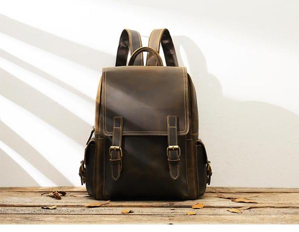 Dark Brown Cool Mens 15 inches Leather Computer Backpacks Travel Backpacks Laptop Backpack for men