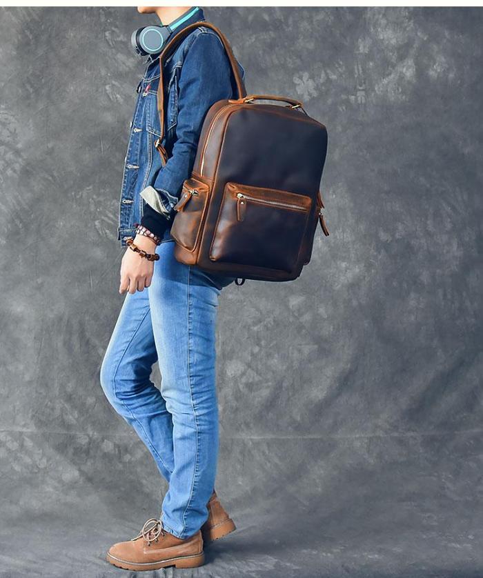Vintage Brown Leather Mens 15 Laptop Backpack Hiking Backpack Travel Backpack College School Bag for Men