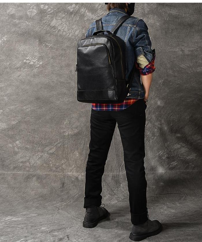 Black Leather Mens 15 Laptop Backpack Hiking Backpack Travel Backpack College Backpack for Men