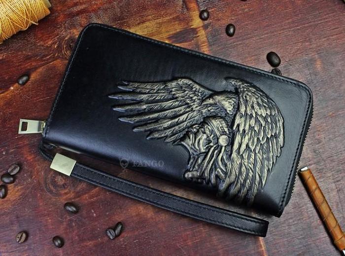 Handmade Leather Mens Tooled Indian Cool Zipper Phone Travel Long Wallet Card Holder Card Slim Clutch Wallets for Men