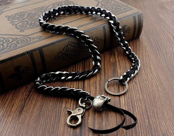 Metal Skull Leather Braided Long Wallet Chain Cool Punk Rock Biker Trucker Wallet Chain Trucker Wallet Chain for Men