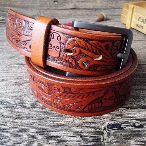 Cool Handmade Brown Floral Tooled Leather Mens Belt Coffee Leather Belts for Men