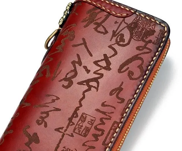 Handmade Leather Mens Chain Chinese Handwriting Biker Wallet Cool Leather Wallet Long Phone Wallets for Men