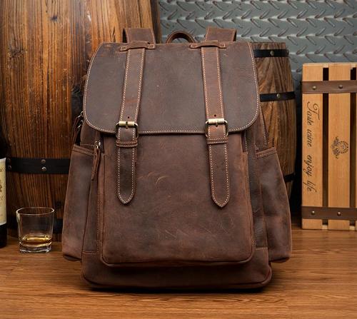 Dark Brown Fashion Mens Leather 15-inch Brown Computer Backpacks Brown Travel Backpacks School Backpacks for men