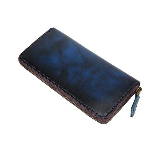 Cool Handmade Mens Brown Long Wallet Blue Bifold Card Wallet Zipper Clutch Wallet For Men